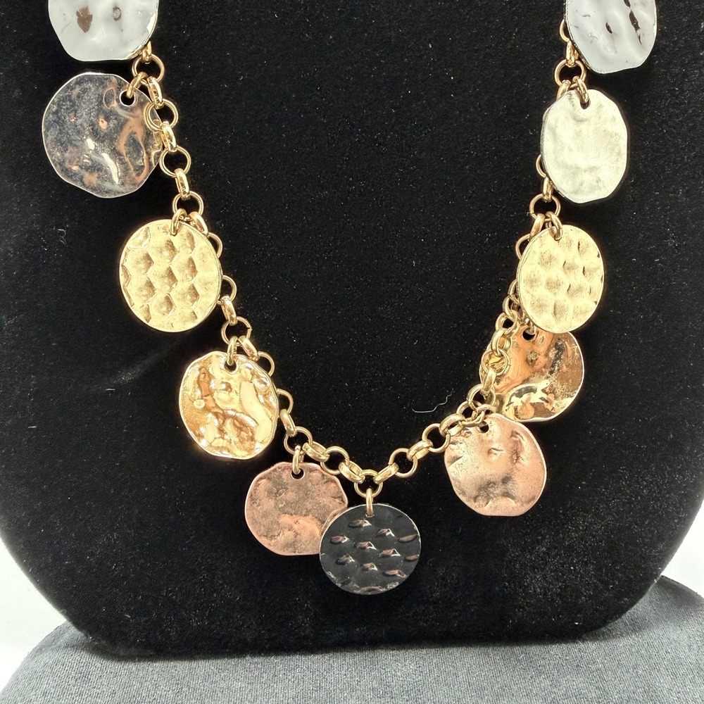 Hammered Disc Station Necklace Womens 38" Multi Tone Metallic Coin Long Chain - Picture 2 of 3